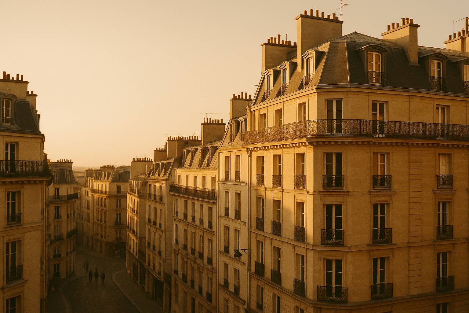 Golden-hour Paris street with Haussmann façades and café terraces near the Seine