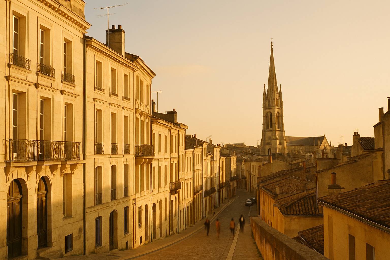 Golden-hour view over Bordeaux Place de la Bourse and Miroir d'Eau at dusk