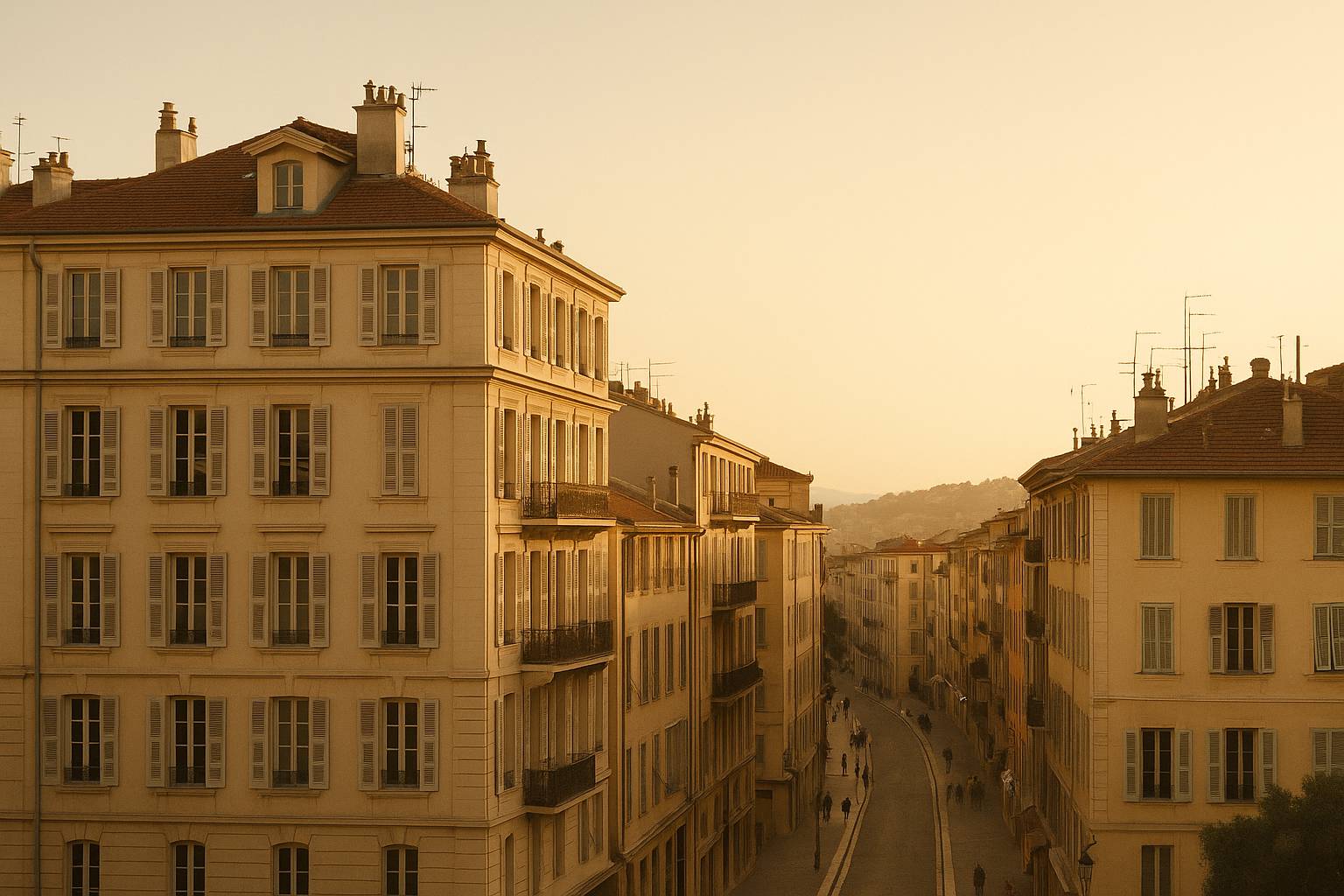 Golden-hour view of Nice seafront with palm trees along Promenade des Anglais and Baie des Anges