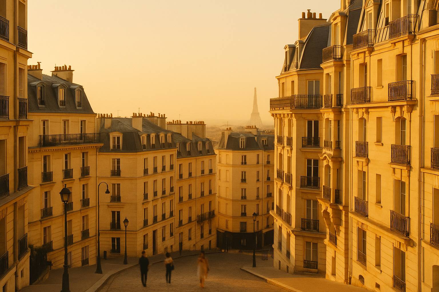 Golden-hour view of Haussmannian rooftops and zinc chimneys across central Paris at dusk