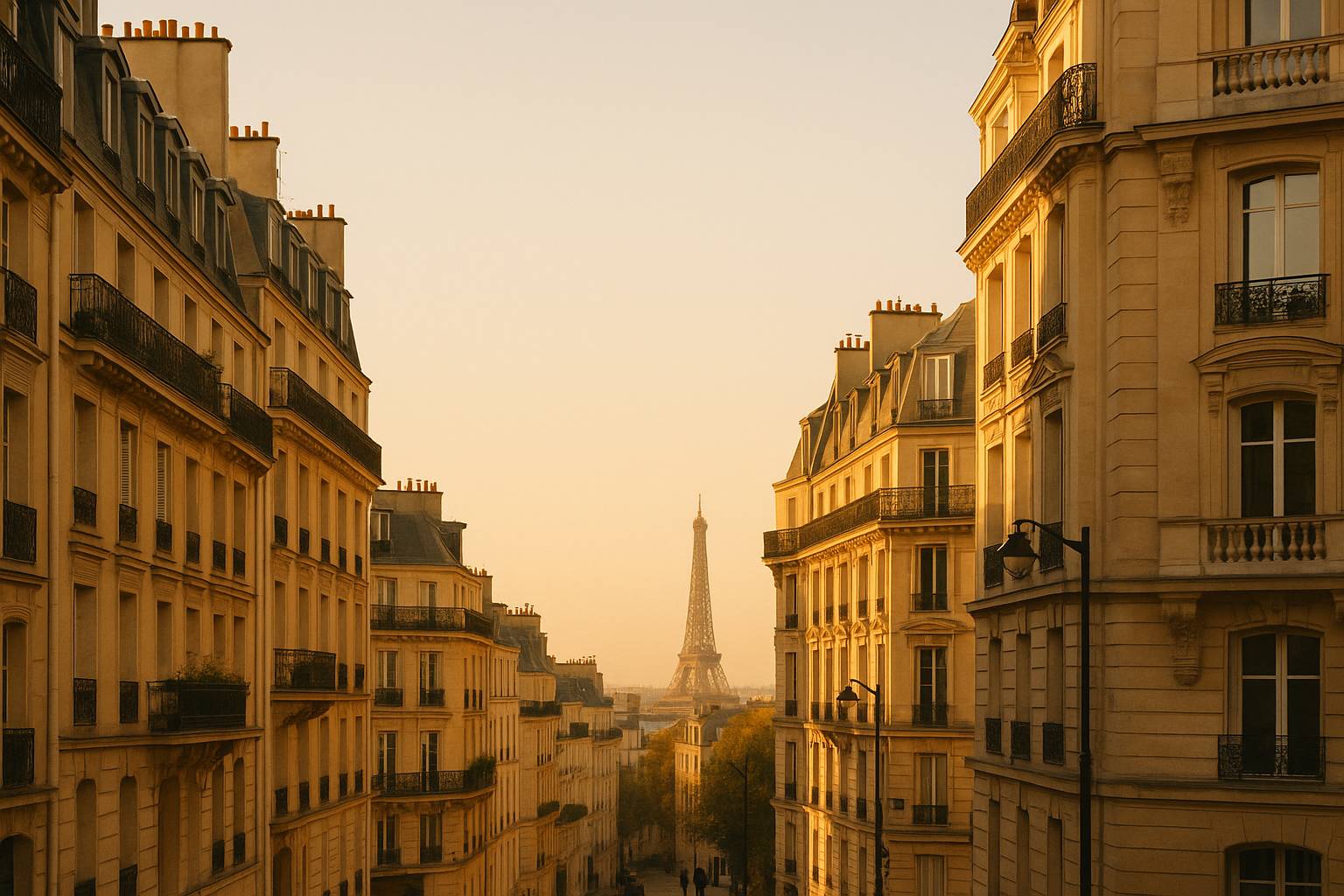Golden-hour view over Paris rooftops with Haussmann façades and zinc chimneys at dusk