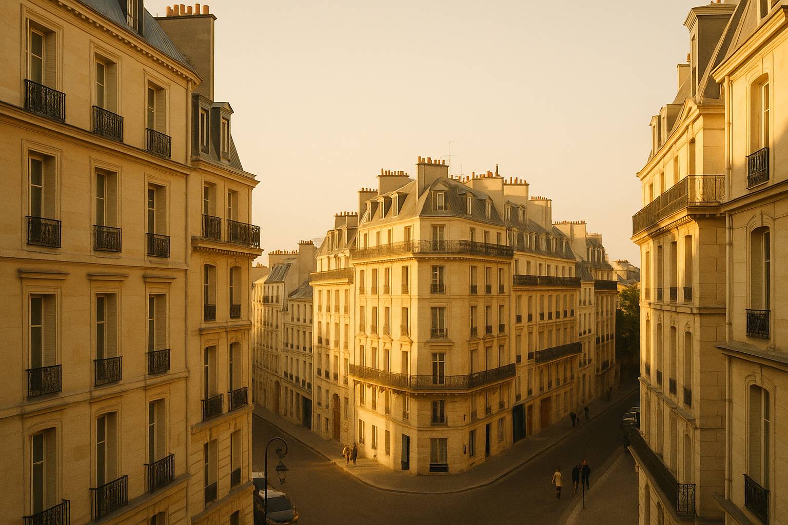 Golden-hour view of Haussmann rooftops and the Eiffel Tower from a Paris balcony in late spring