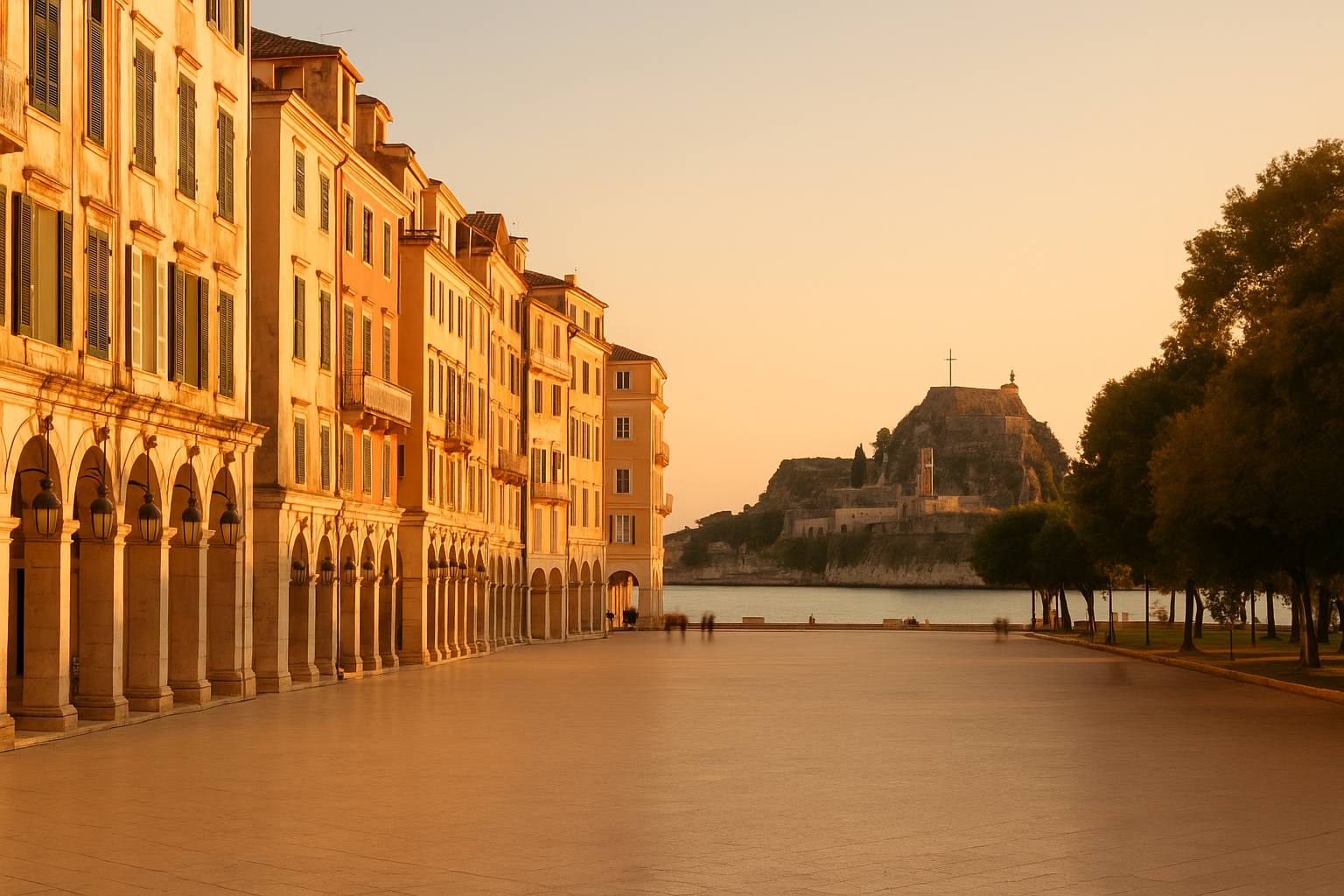 The Liston arcades and Venetian facades of Corfu Old Town at sunset