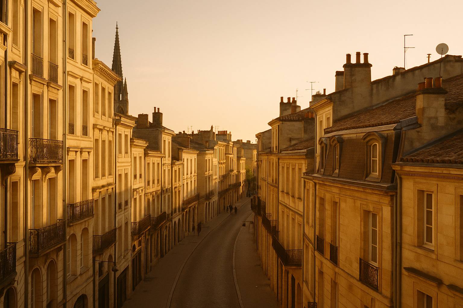 Golden-hour view over Place de la Bourse and the Miroir d'Eau in central Bordeaux with families walking