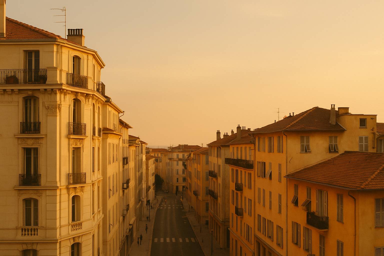 Golden-hour view over Nice rooftops and the Baie des Anges from a Vieux-Nice balcony