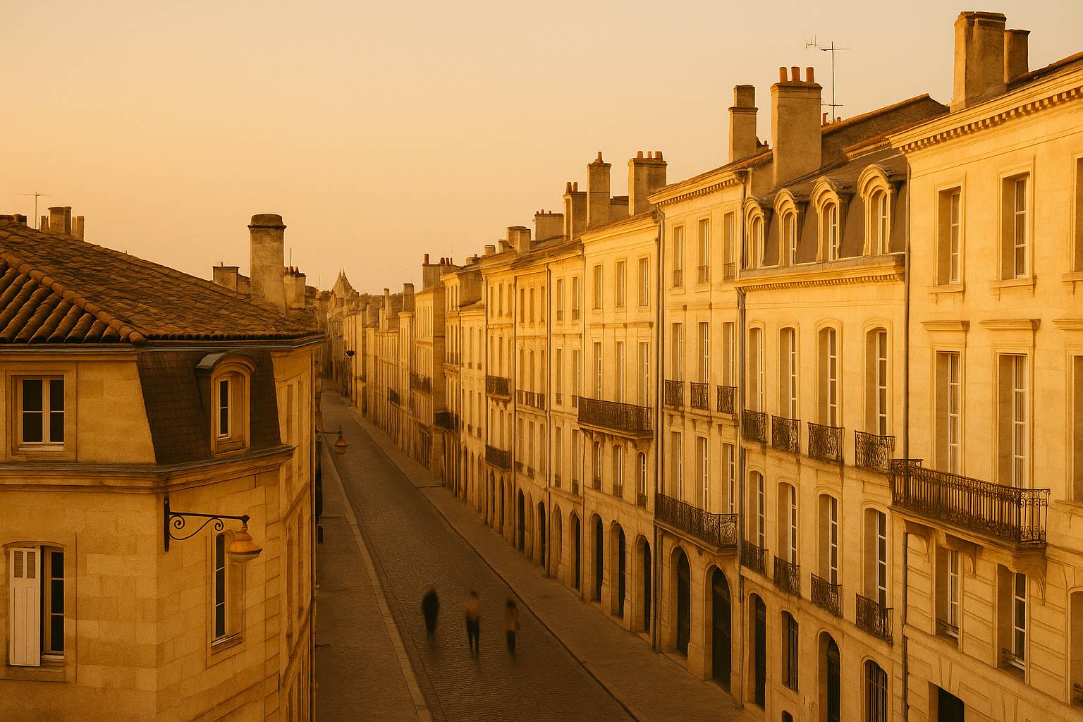 Golden-hour view of Bordeaux stone façades and tramway along Cours de l'Intendance