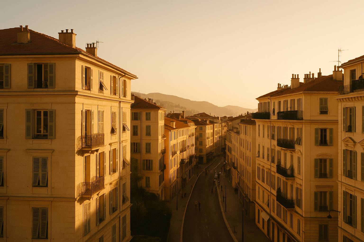 Golden-hour view over Nice rooftops with Baie des Anges and pastel Old Town facades