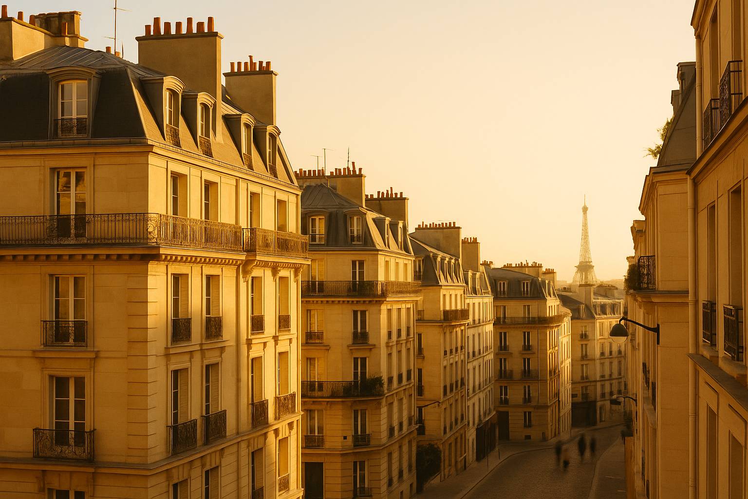 Golden-hour view of Parisian Haussmann rooftops and zinc chimneys from a Left Bank apartment balcony