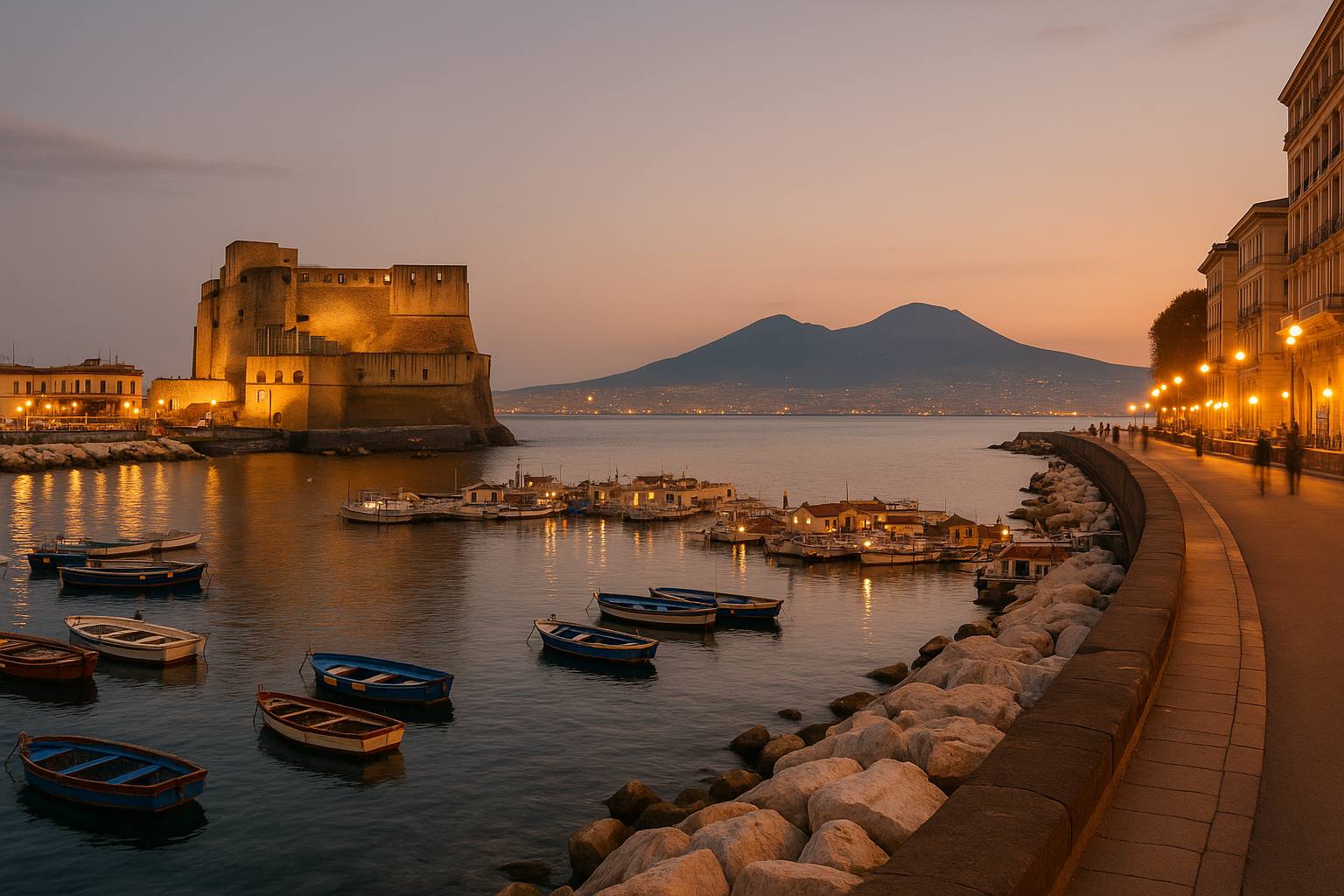The Naples waterfront at dusk, with Castel dell'Ovo and Vesuvius in the background