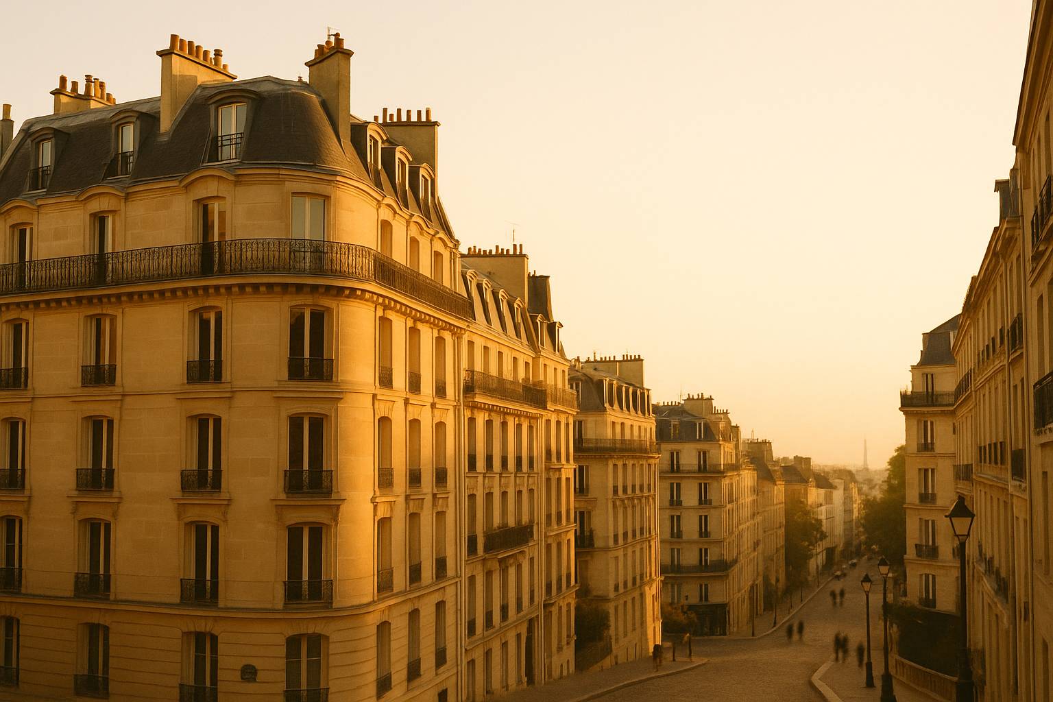 Golden-hour view of a leafy Paris residential street with families walking near Haussmann façades
