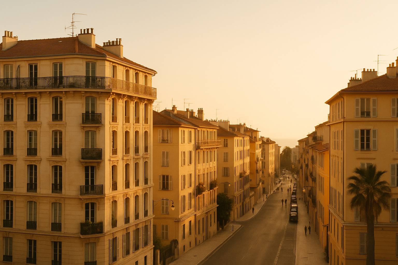 Golden-hour view of Nice's Baie des Anges and pastel Old Town rooftops from a Belle Époque balcony