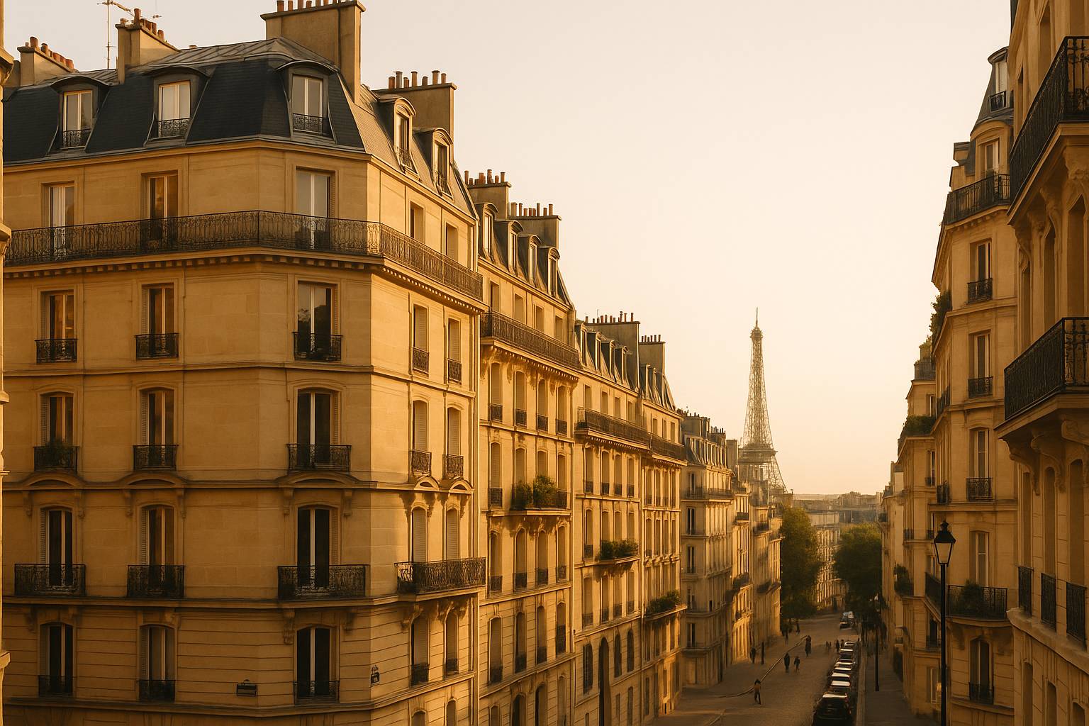 Golden-hour view of Paris rooftops and the Eiffel Tower from a Haussmann balcony