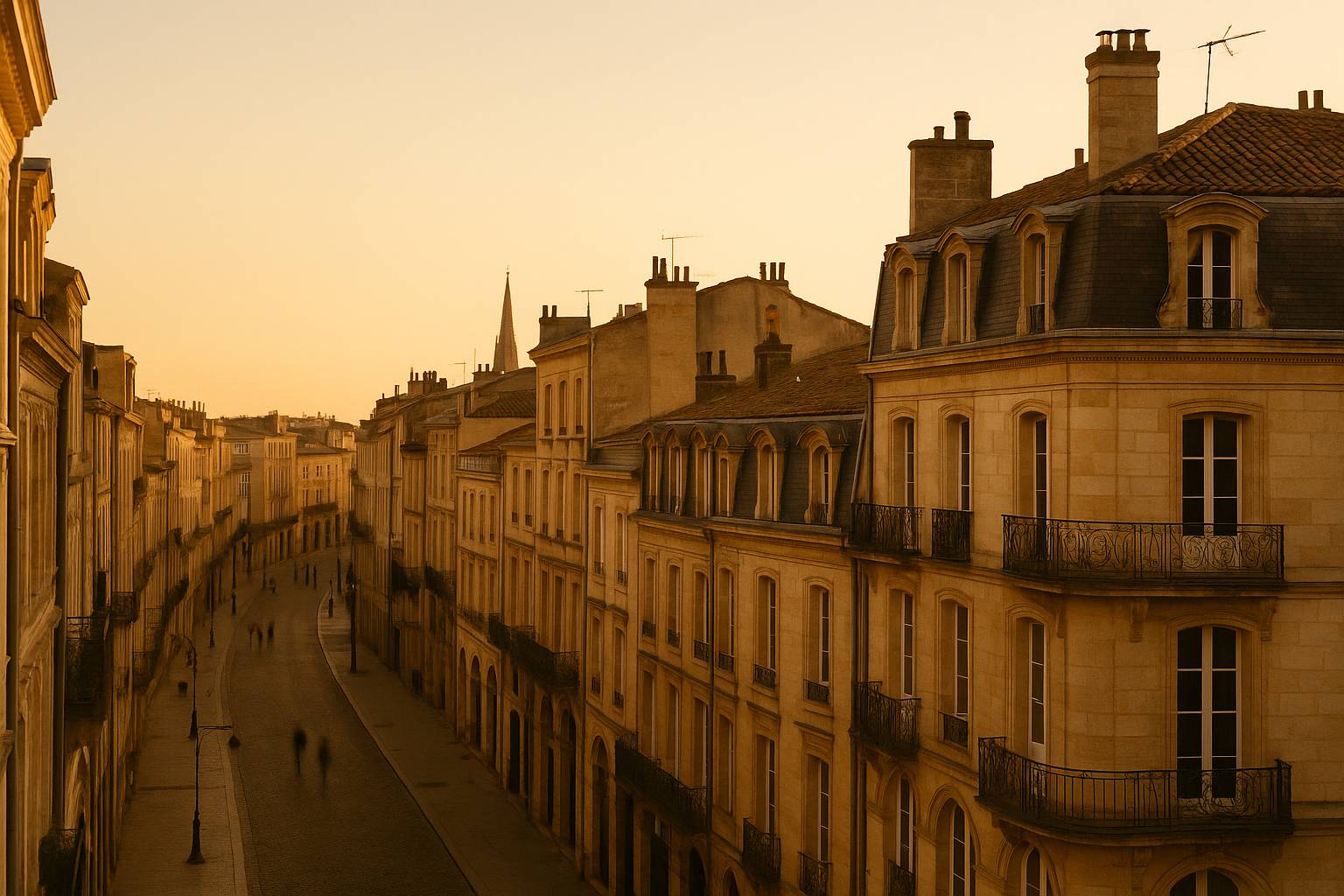 Vue à l'heure dorée sur la Place de la Bourse et les façades de pierre blonde le long des quais de la Garonne à Bordeaux
