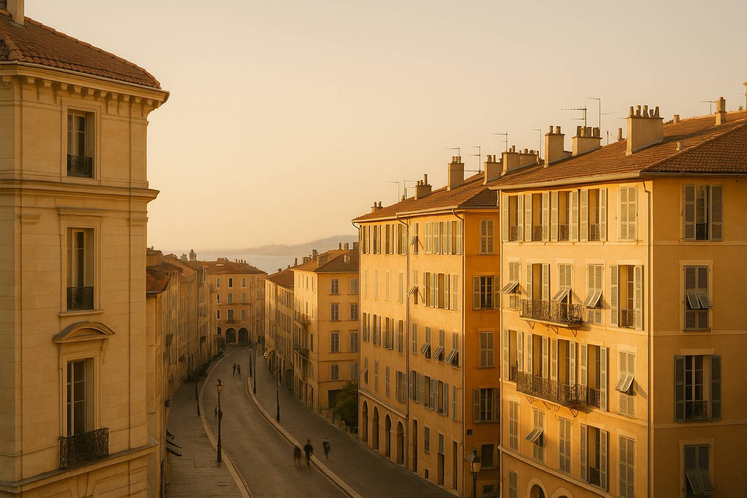 Golden-hour rooftops of Vieux Nice with the Baie des Anges and Mediterranean in the distance