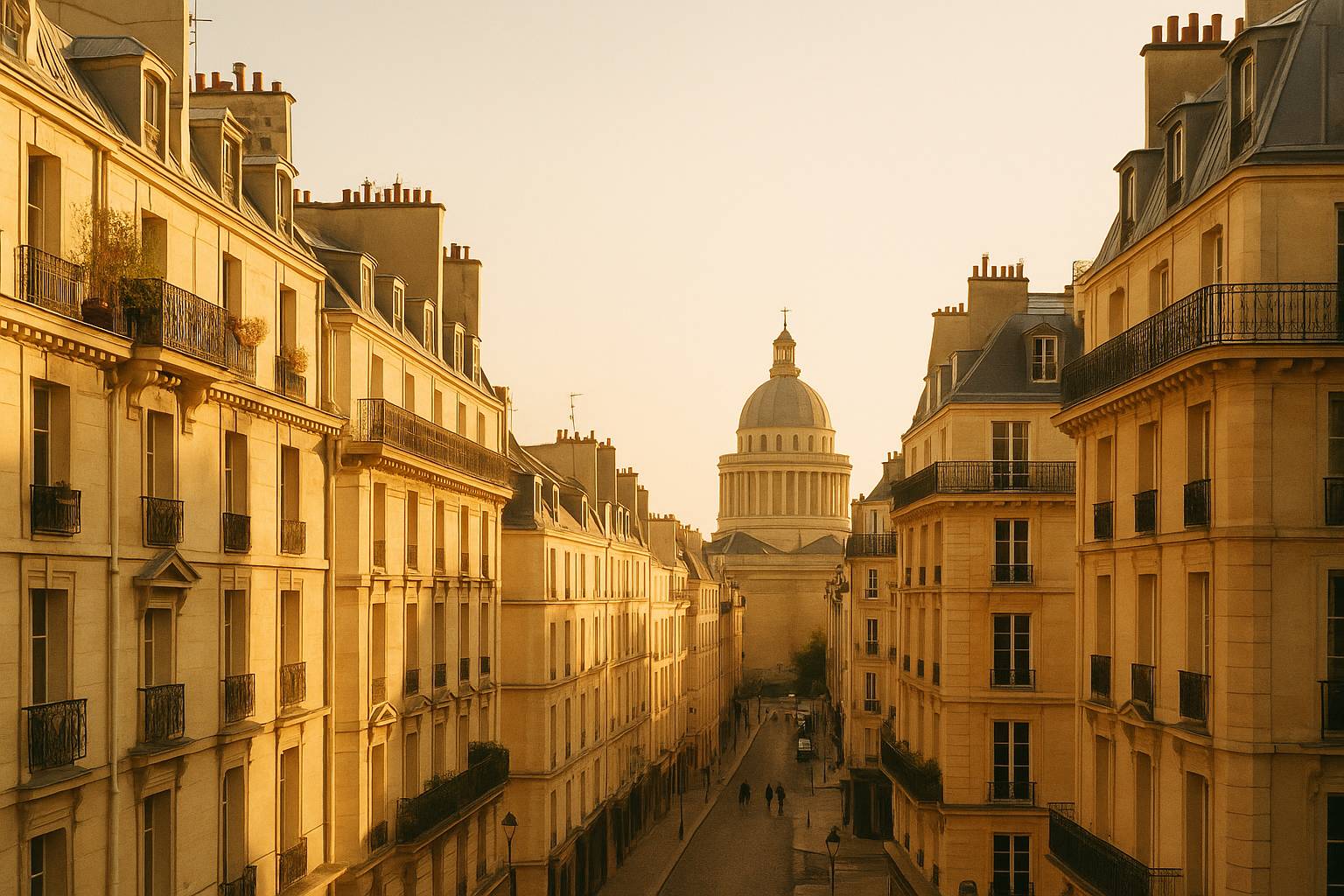 Golden-hour Haussmann rooftops and zinc chimneys above a quiet Paris street near the Marais