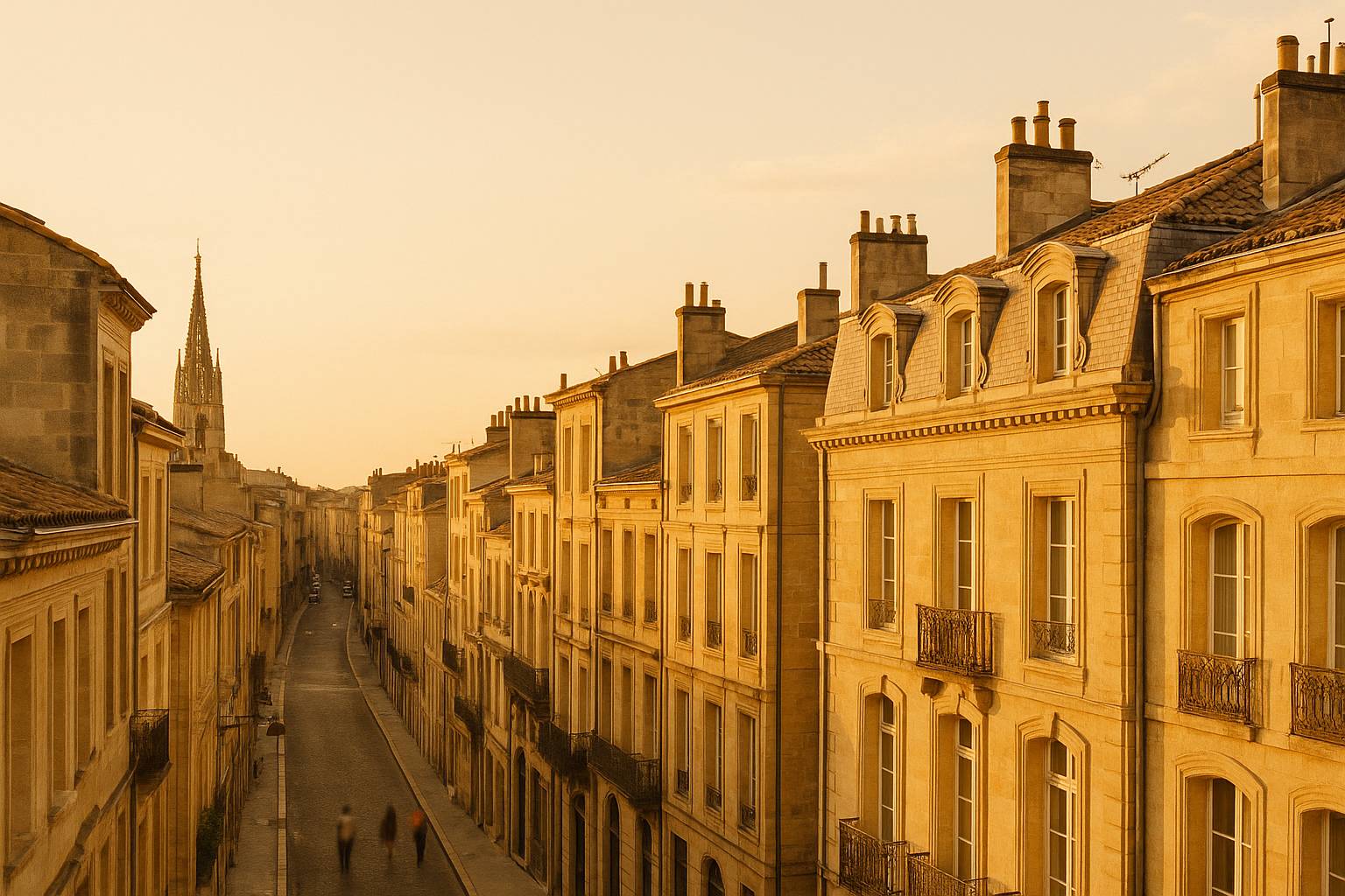 Golden-hour light on Place de la Bourse and the Miroir d'Eau in Bordeaux