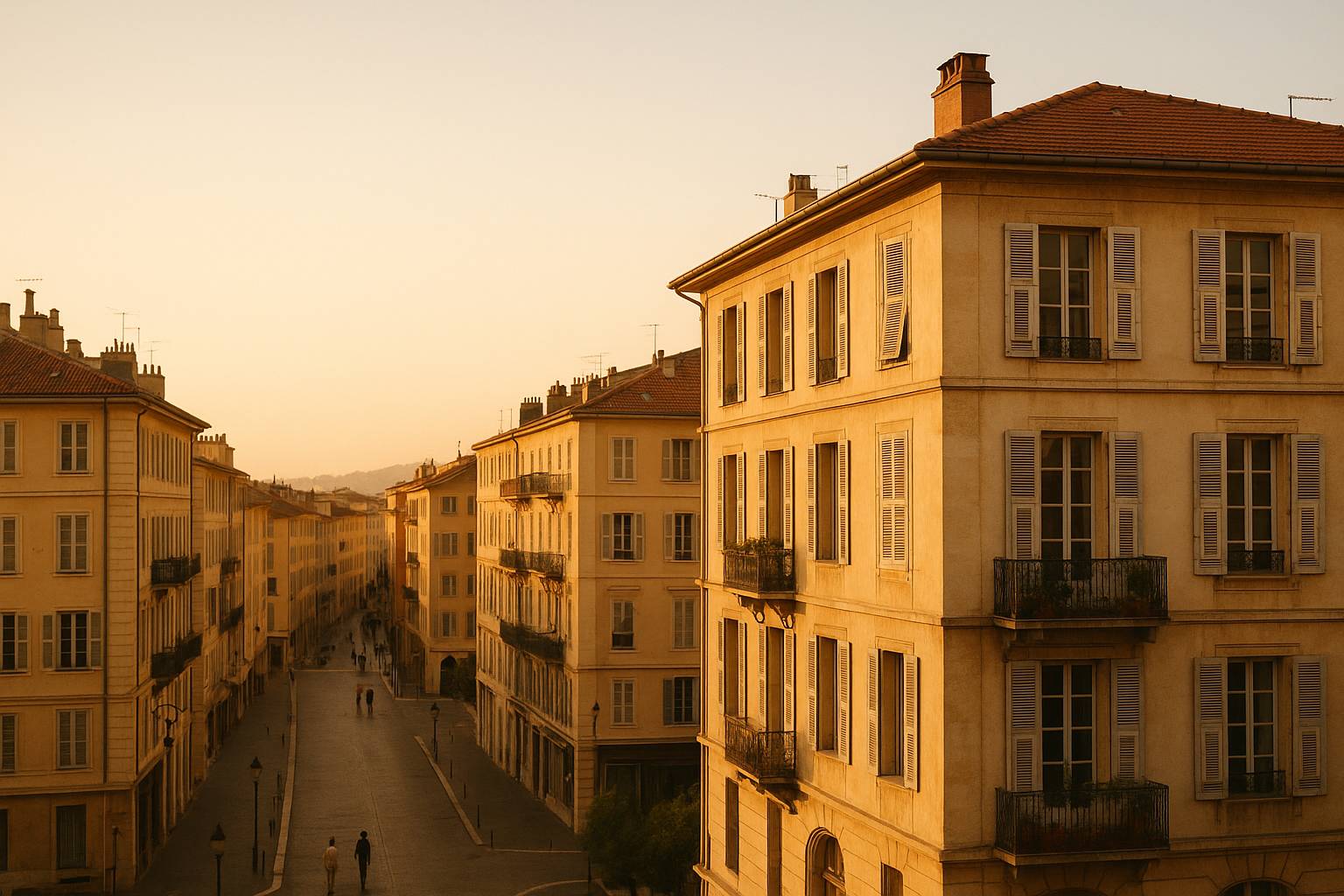 Golden-hour view over Nice rooftops and the Baie des Anges from Colline du Château