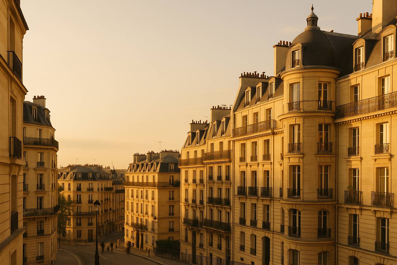 Golden-hour rooftops of Paris with zinc chimneys and the Eiffel Tower on the horizon