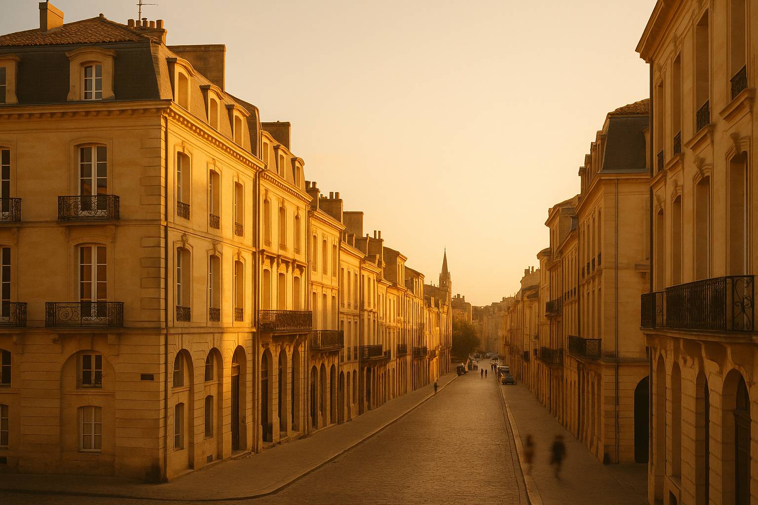 Golden-hour light on the limestone facades of Place de la Bourse in central Bordeaux