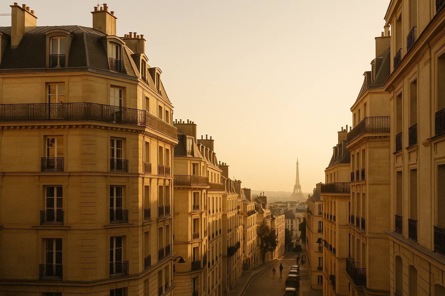 Golden-hour light on a quiet cobbled Marais street with wrought-iron balconies, Paris