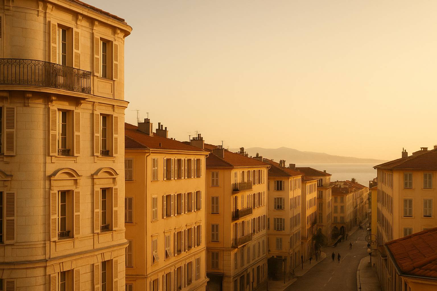 Golden-hour view over Vieux-Nice rooftops and the Baie des Anges from Colline du Château